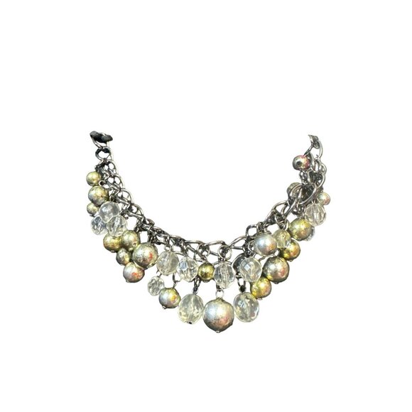 Chunky Beaded Necklace in Gold and Silver with Clear and Multicolor Beads 16 in - Picture 2 of 5